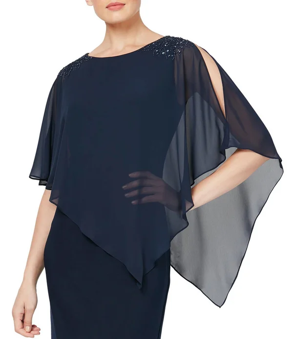 Ignite Evenings Chiffon Asymmetric Overlay Beaded Shoulder Detail Sheath Dress - 14