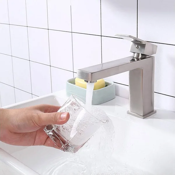 Aquaterior 1 Hole Bathroom Sink Faucet Square Single Handle Cold & Hot Water Tap Nickel