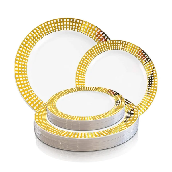 Gold Checkered Rim Disposable Plastic Plate Packs - Party Supplies (White with Gold Rim - 120pcs - Dinner Plates)