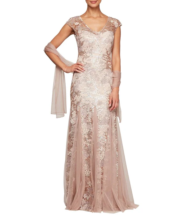 Women's Alex Evenings Sequin Embroidered Trumpet Gown - 14 - Rose Gold