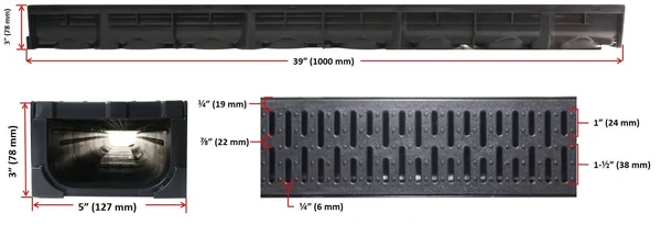 Drainage Trench - Channel Drain with Grate - Black Plastic - 39x22