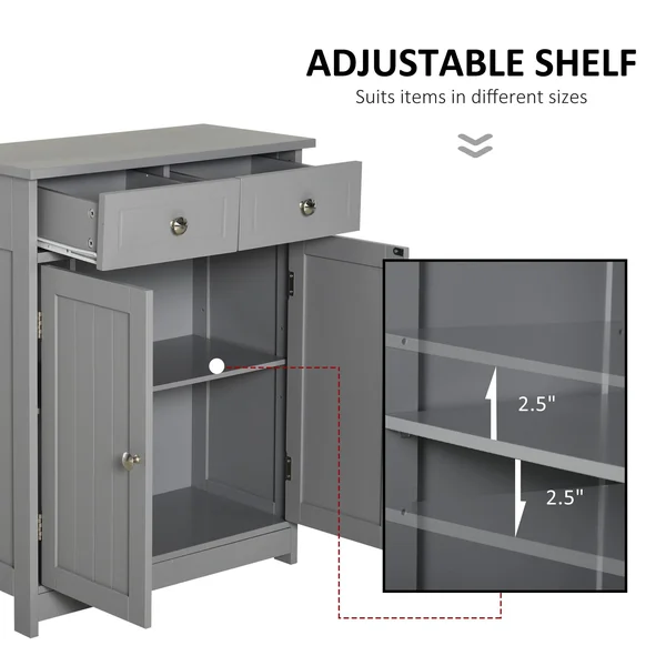 Kleankin Freestanding Bathroom Storage Cabinet Organizer Floor Tower with 2 DOOR, 2 Drawers, Adjustable Shelf, Grey