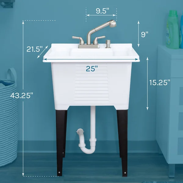Tehila Luxe Utility Sink with Stainless Finish Pull-Out Faucet 18 Gallon - White
