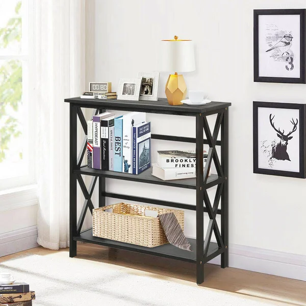 3-Tier Wooden Open Shelf Bookcase with X-Design-Black