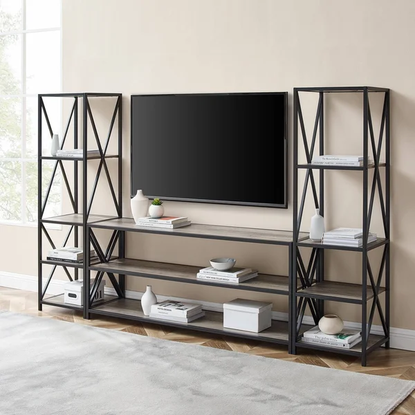 Carbon Loft Hattie 3-Piece X-Frame Entertainment Wall - Rustic Oak, Black Metal