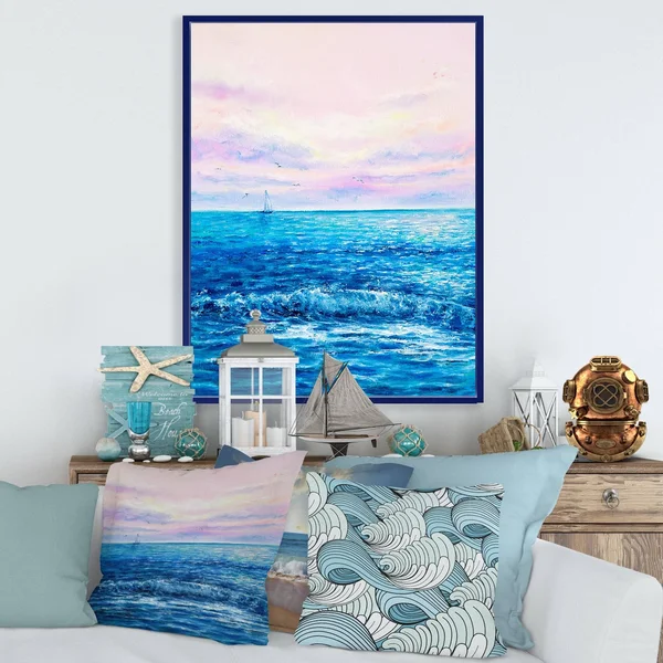 Designart &Morning Light on The Ocean Waves II& Nautical & Coastal Framed Canvas Wall Art Print - 24 in. Wide x 32 in. High