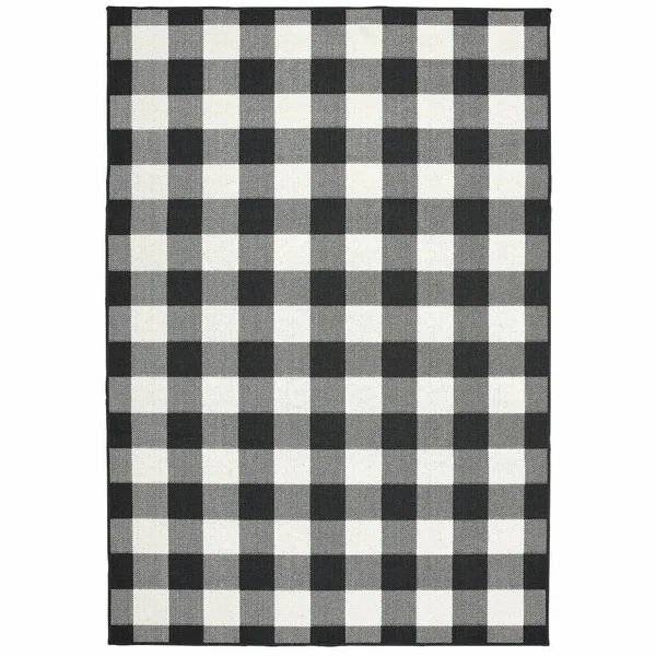 9'x13' Black and Ivory Gingham Indoor Outdoor Area Rug (389523)