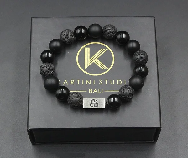 Onyx - Lava Stone, and Obsidian Bracelet, Men's Black Bracelet, Black Onyx Bracelet, Lava Stone Bracelet, Black and Silver Bracel