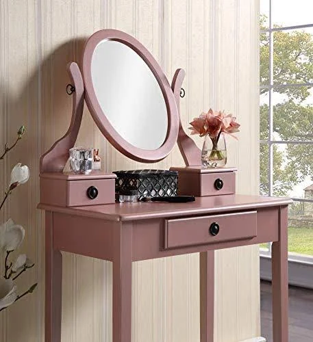 Roundhill Moniya Wood Makeup Vanity Table and Stool Set - Rose Gold, 32.7 x 20.7 x 12.4 inches
