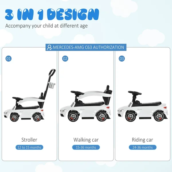 Aosom Ride on & Push Car with Underneath Storage Compartment & Working Steering Wheel White