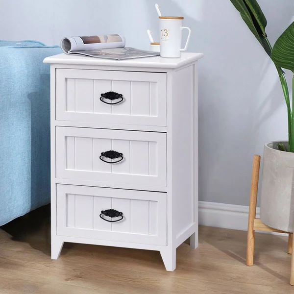 Costway 3 Drawers End Storage Wood Side Nightstand-White