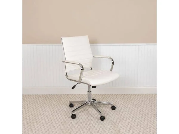 Offex Mid Back LeatherSoft Contemporary Ribbed Executive Swivel Office Chair - White