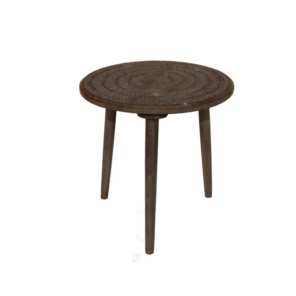 Traditional Round Top Wooden Accent Table with Leaf Engraving, Brown