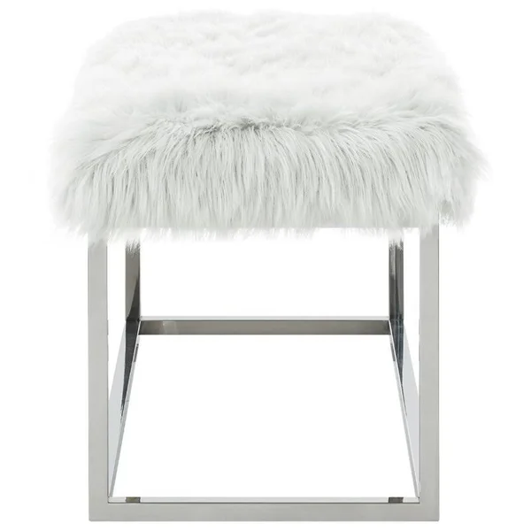 Posh Living Joseph White Faux Fur Bench - Chrome Frame - Ottoman