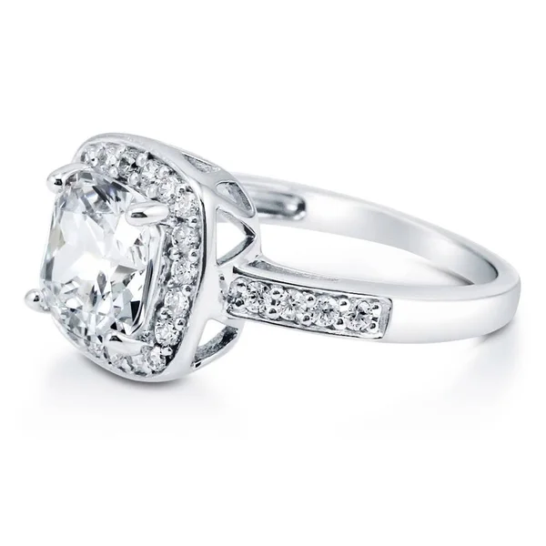 Berricle Sterling Silver Cushion Cut Cubic Zirconia CZ Halo Wedding Engagement Ring 3.4 CTW Size 7.5