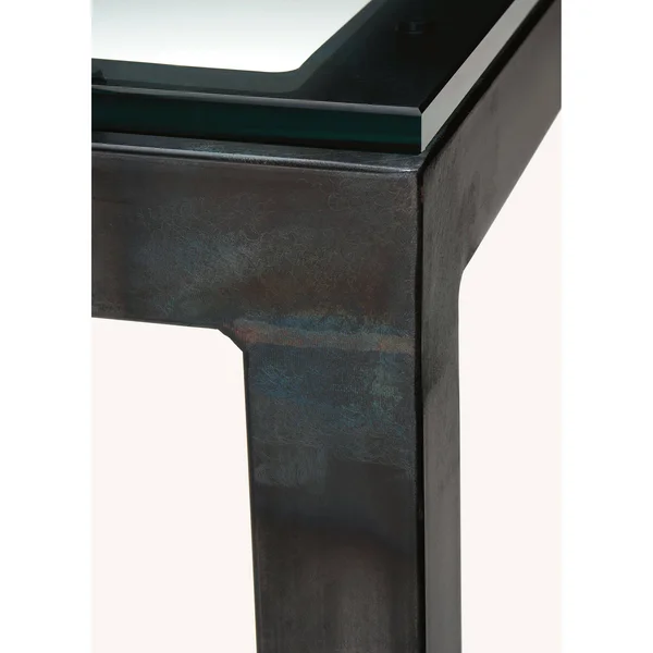 Room & Board, Modern Parsons 48W 24d 42h Bar Table w/ 2x22 Leg, Smoke Tempered Glass Top w/ White Base