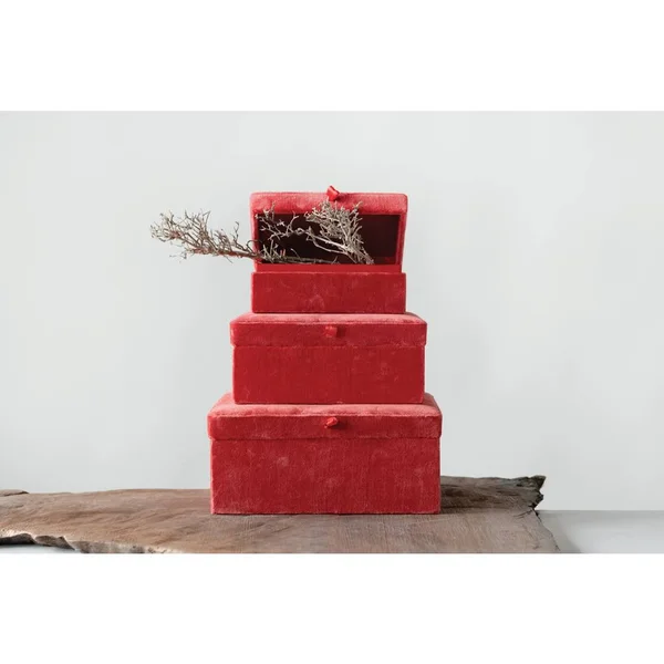 Creative Co-op Wood & Cotton Velvet Attached Lids (Set of 3 Sizes) Boxes - Persimmon