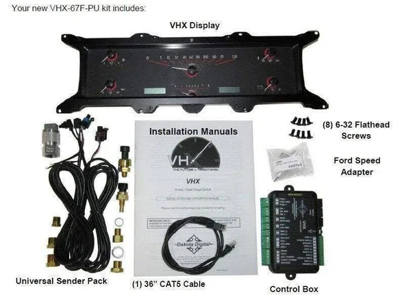 Dakota Digital 67-72 Ford Pickup Analog Gauge System Silver Red VHX-67F-PU-S-R