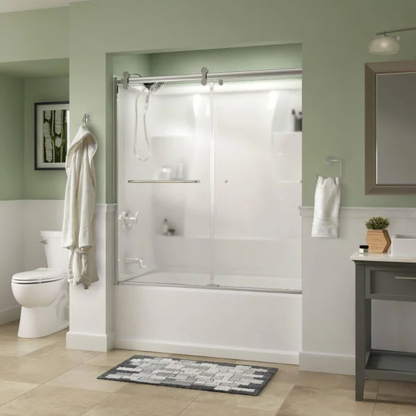 Delta Simplicity 60 x 58-3/4 in. Frameless Contemporary Sliding Bathtub Door in Chrome with Niebla Glass 810634