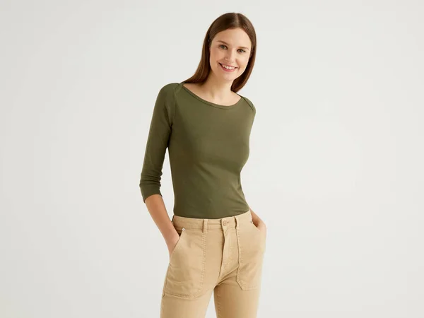 Benetton - T-Shirt with Boat Neck in 100% Cotton, Size XL, Military Green, Women