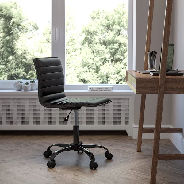 Flash Furniture Low Back Designer Armless Black Ribbed Swivel Task Office Chair with Black Frame and Base