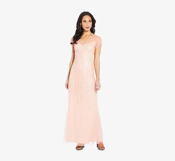 Adrianna Papell Long Beaded Dress - Blush, Size: 10