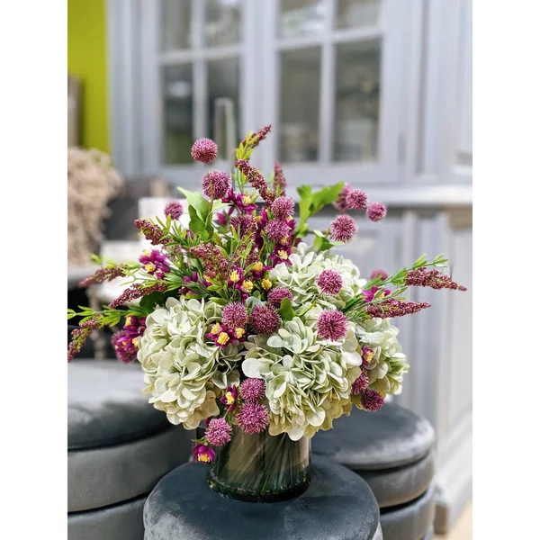 Litton Lane Indoor Plastic and Ceramic Artificial Hydrangea Floral Arrangement in Planter