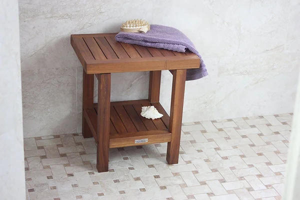 AquaTeak The Original 18x22 Spa Teak Shower Bench with Shelf, 18" x 13" x 18"