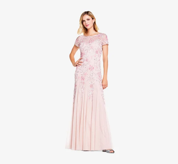 Adrianna Papell Hand Beaded Short Sleeve Floral Godet Gown, Blush, Size: 22