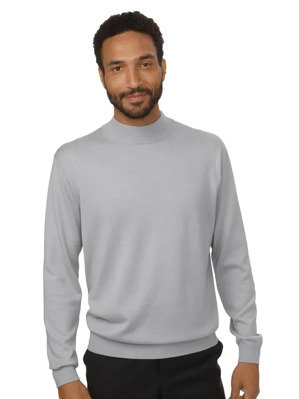 Men's Sweater - Classic Fit in Light Grey Long Sleeve Silk Cotton and Cashmere, Paul Fredrick