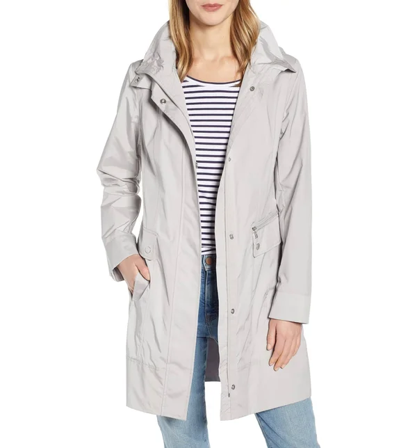 Cole Haan Packable Hooded Raincoat - Pearl Grey