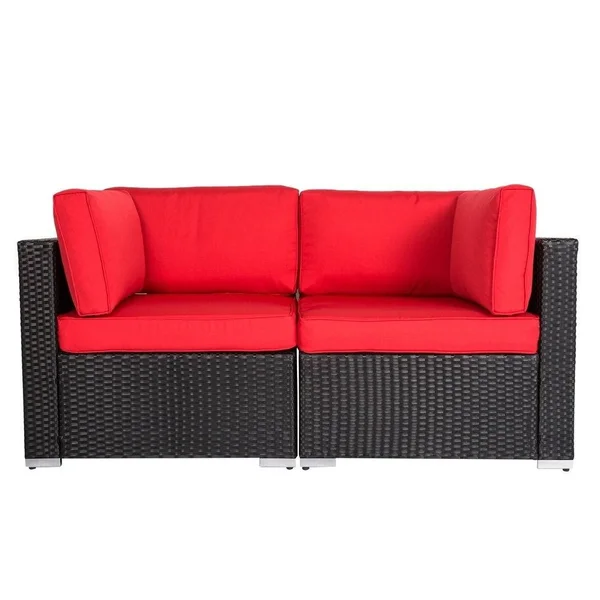Kinbor 2-Piece Outdoor Furniture Patio Love Seat All-Weather Sectional Wicker Corner Sofa - Red - 59in x 29.5in x 24.8in