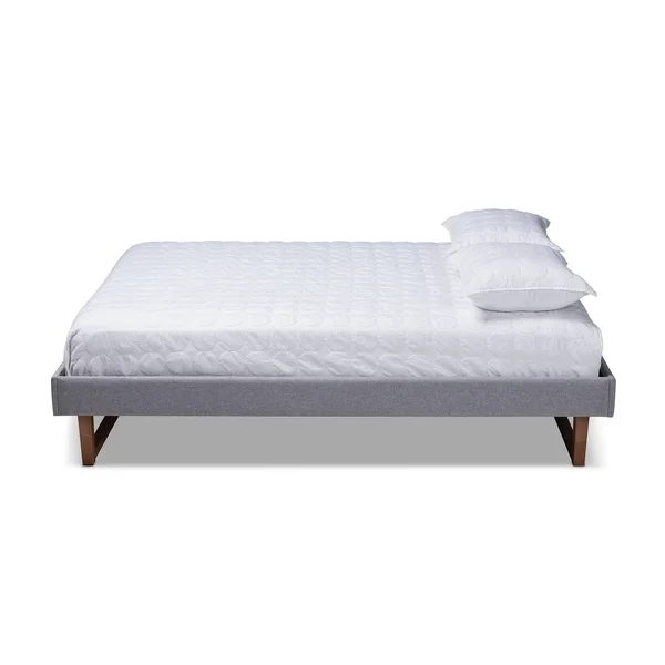 Baxton Studio Liliya Light Grey Fabric Walnut Wood Queen Platform Bed Frame