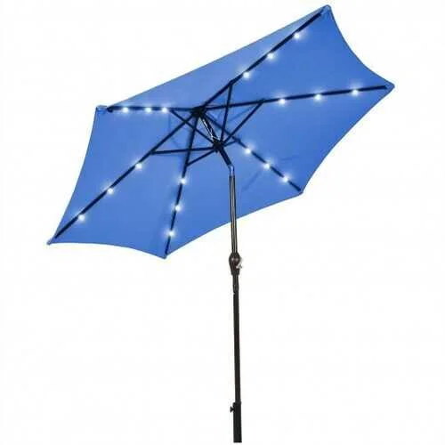 9' Solar LED Lighted Patio Market Umbrella Tilt Adjustment Crank Lift -Blue