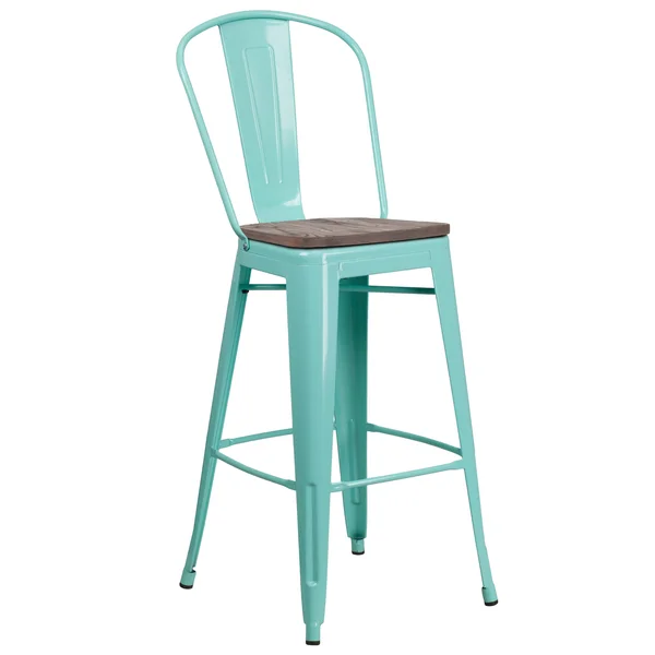 Flash Furniture 30x22 High Metal Barstool with Back and Wood SEAT - Mint Green