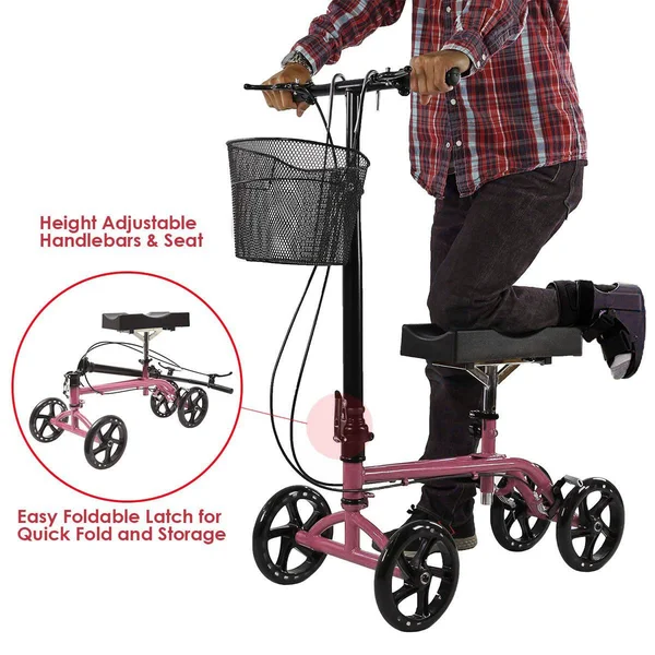 Clevr Medical Foldable Steerable Knee Walker Scooter with Basket - Pink, 30" x 20" x 20"