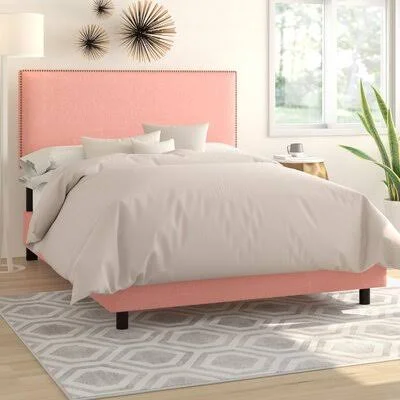 Upholstered Standard Bed Wayfair Custom Upholstery Size: Queen - Body Fabric: Linen French Yellow, Nailhead Detail: Brass
