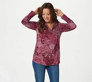 Susan Graver Printed Brushed Liquid Knit Mock- Neck Top, Size Large, Wine
