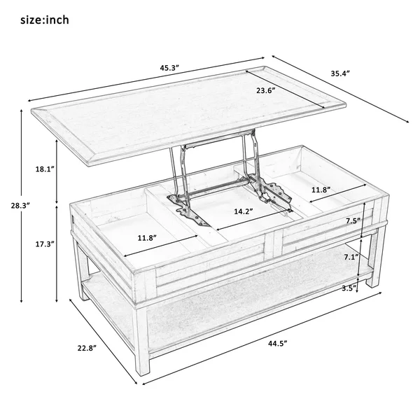 Inner Storage Space and Shelf Lift Top Coffee Table - Wood - Brown