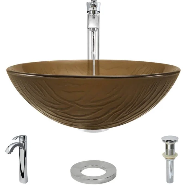 Rene R5-5025-R9-7006 16-5/8x22 Glass Vessel Bathroom Sink with Vessel Faucet Sink Beach Sand, Chrome