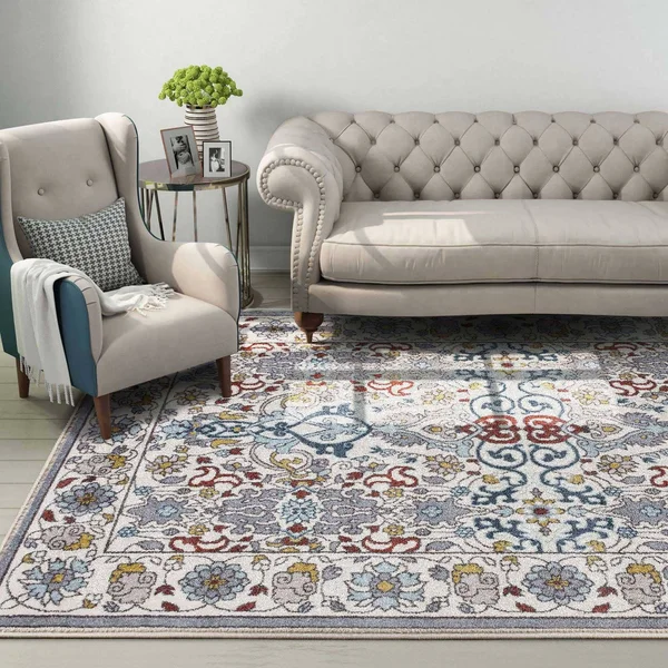 Bordered Floral Antique White/Grey Area Rug Outdoor/Indoor - 5'*7'