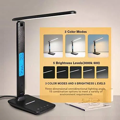 Desk Lamp, LED Desk Lamp with Wireless Charger, USB Charging Port, Adjustable, 5