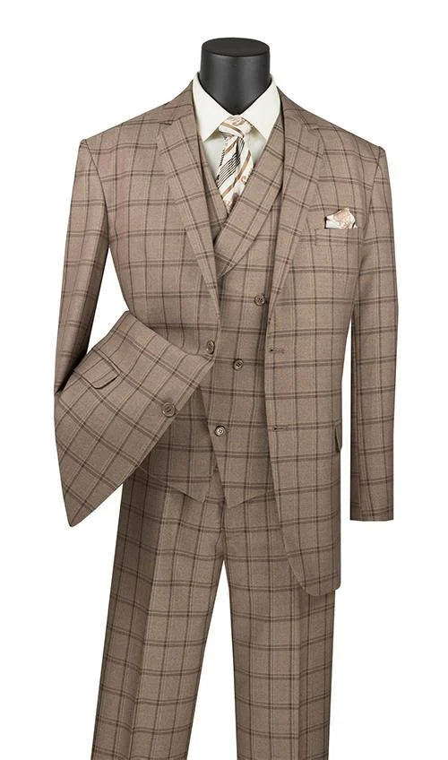 Vinci Men's Atrani Collection - Regular Fit Windowpane Suit 3 Piece in Khaki 50 Long - 45 Waist - Khaki