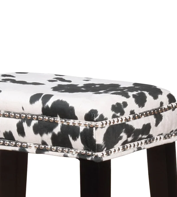 Traditional Style Wooden Counter Stool with Cow Print, Black and White