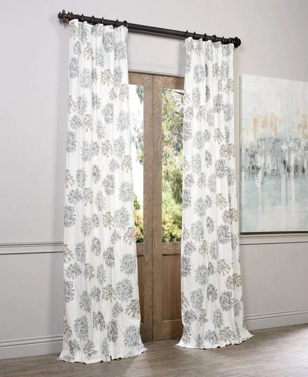 Allium Blue Gray Printed Cotton Curtain