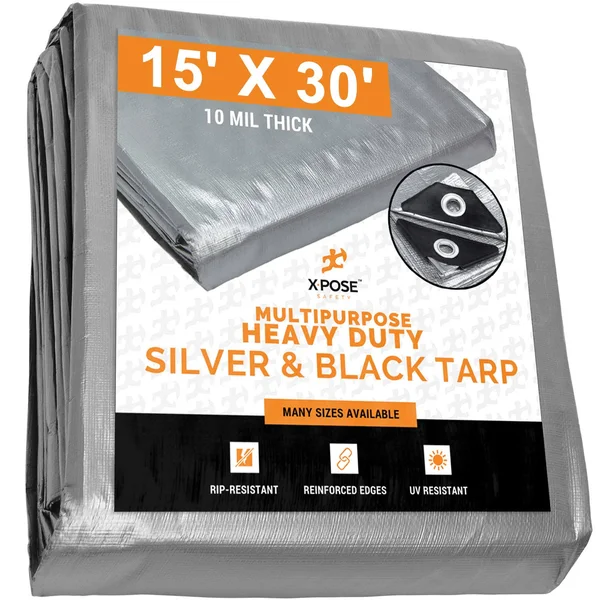 Xpose Safety Heavy Duty Poly Tarp - 15& x 30& - 10 Mil Thick Waterproof - UV Blocking Protective Cover - Reversible Silver and Bl