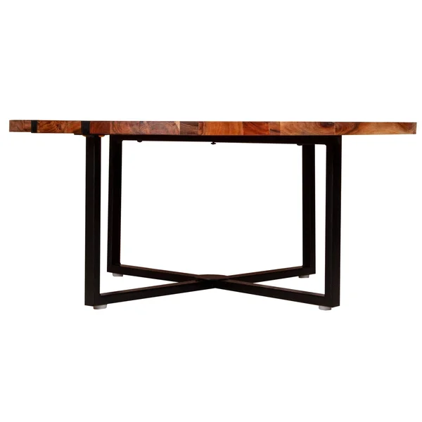 36 Inches Round Wooden Top Coffee Table with Metal Base - Brown and Black, Saltoro Sherpi