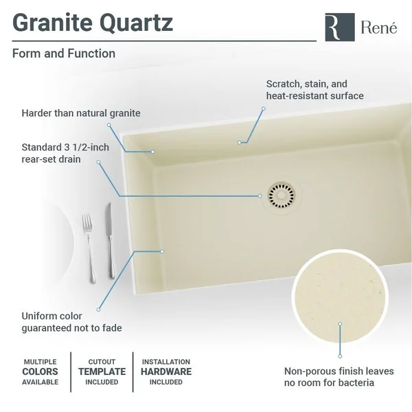 Rene R3-1006-CAR-ST-CGF Carbon Single Bowl Undermount Composite Granite Kitchen Sink with Grid and Matching Colored Flange