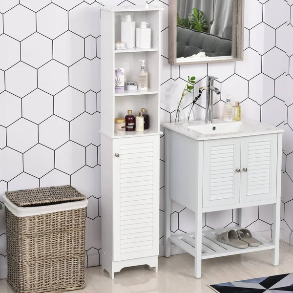 HOMCOM Wooden Collection Tall Bathroom Cabinet Corner Square Storage Cabinet Soft White