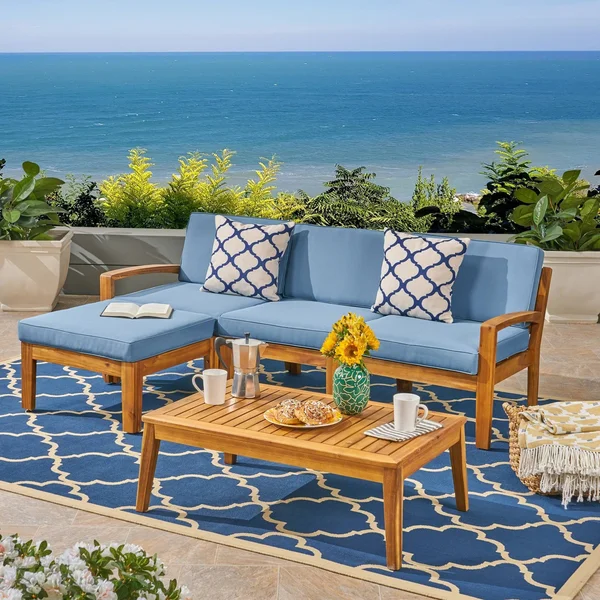 Grenada Outdoor 3-Seater Acacia Wood Frame Sectional Sofa Set with Water-Resistant Cushion by Christopher Knight Home - Teak + B